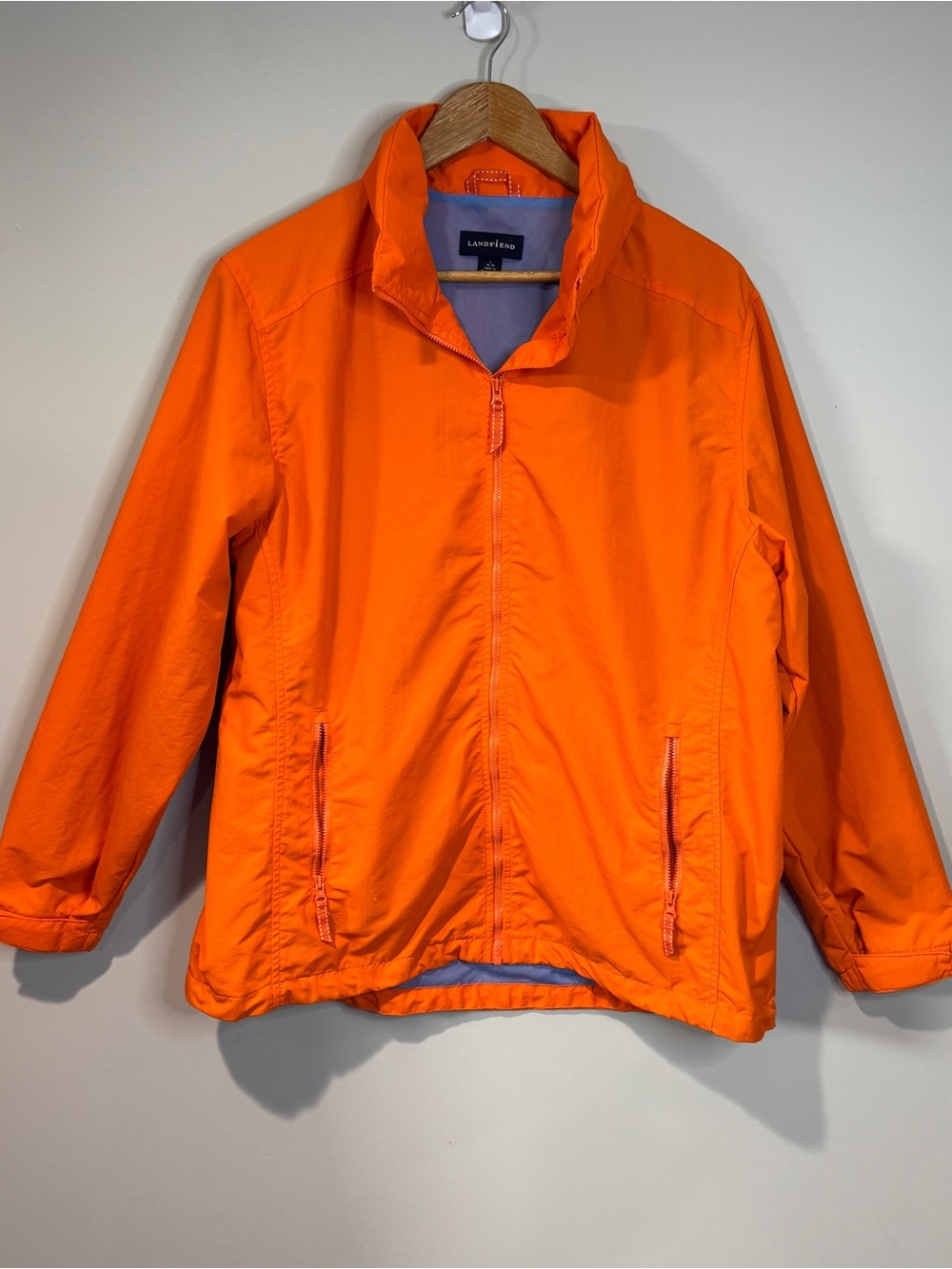 Lands' End Women’s Orange Packable Hooded Windbreaker Jacket Blue Mesh Lining L